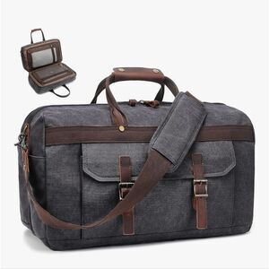 SOAEON Waterproof Genuine Leather Canvas Travel Duffel Weekender Bag Gray Brown